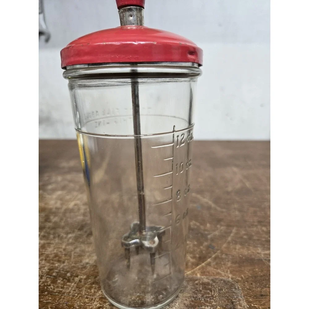 Vintage Hand Crank Glass Food Chopper Mixer Red Top Measuring Jar Kitchen